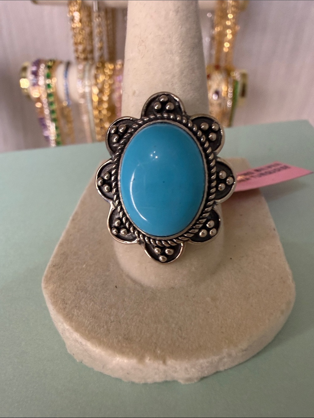 Sterling Silver Floral Statement Ring with Sonora Turquoise Cabochon Ring